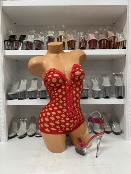 Red Pothole Net Romper with Rhinestone Details
