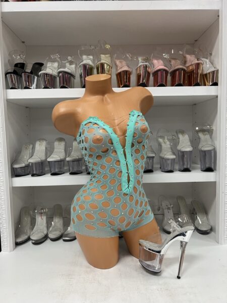 Mint Pothole Net Romper – Sheer One-Piece Rhinestone Bodystocking