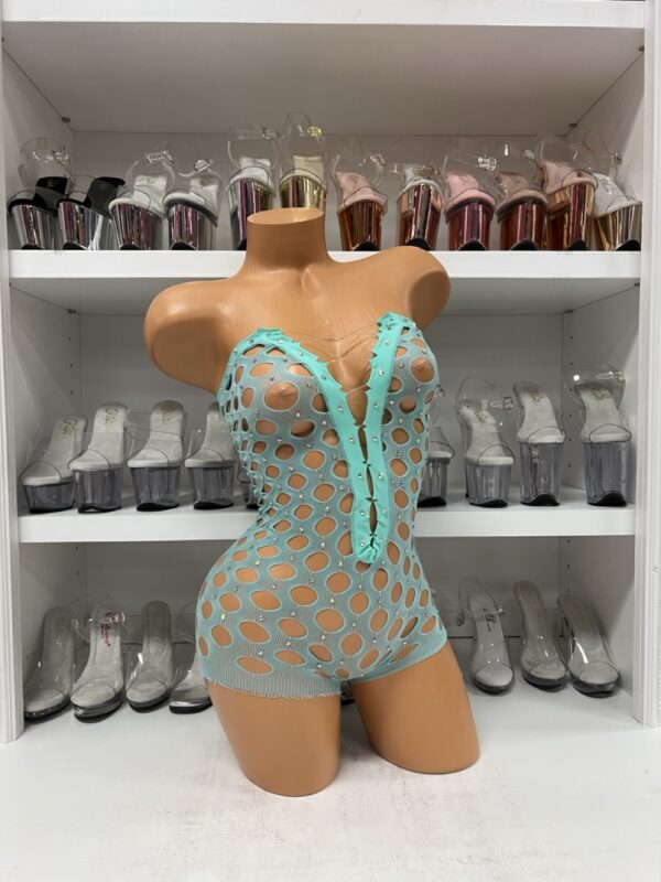 Mint Pothole Net Romper – Sheer One-Piece Rhinestone Bodystocking - Image 5