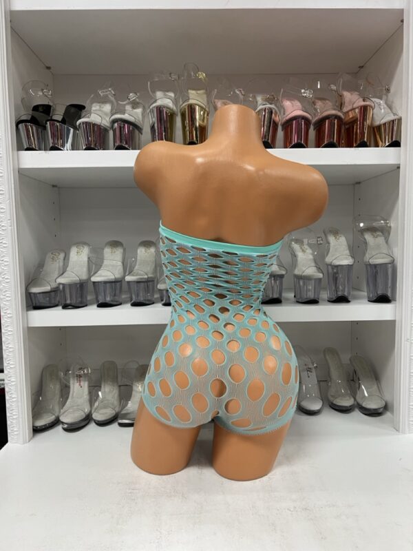 Mint Pothole Net Romper – Sheer One-Piece Rhinestone Bodystocking - Image 3