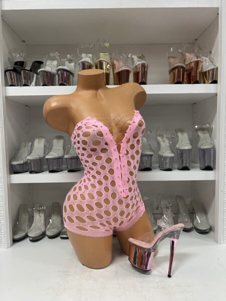 Pink Pothole Net Romper with Rhinestones – Stretch One-Piece