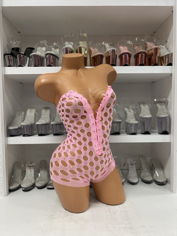 Pink Pothole Net Romper with Rhinestones – Stretch One-Piece - Image 3