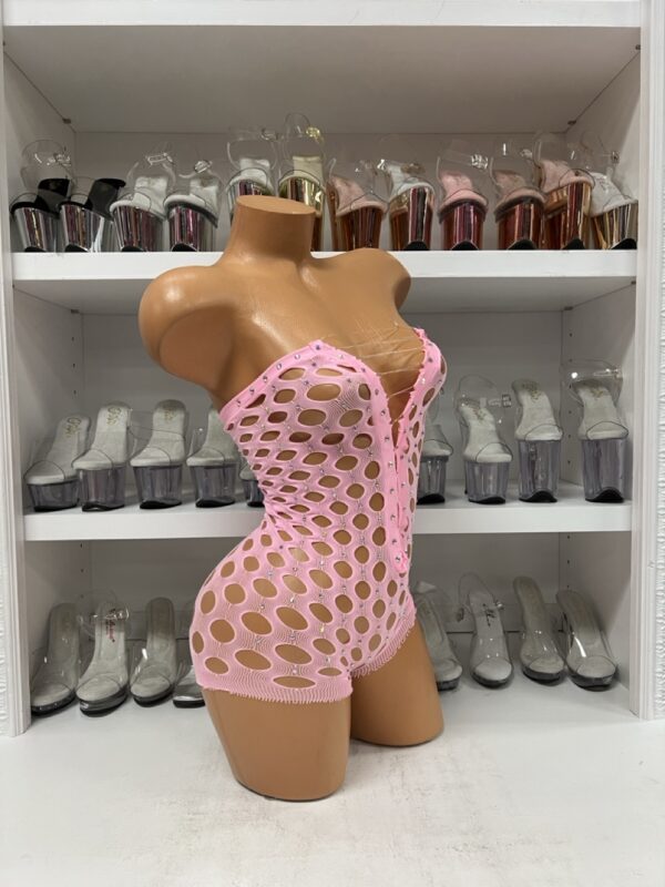 Pink Pothole Net Romper with Rhinestones – Stretch One-Piece - Image 4