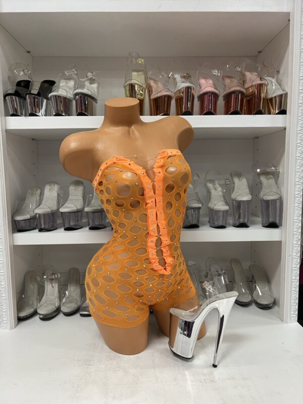 Orange Pothole Net Romper – Sheer Rhinestone One-Piece Bodystocking