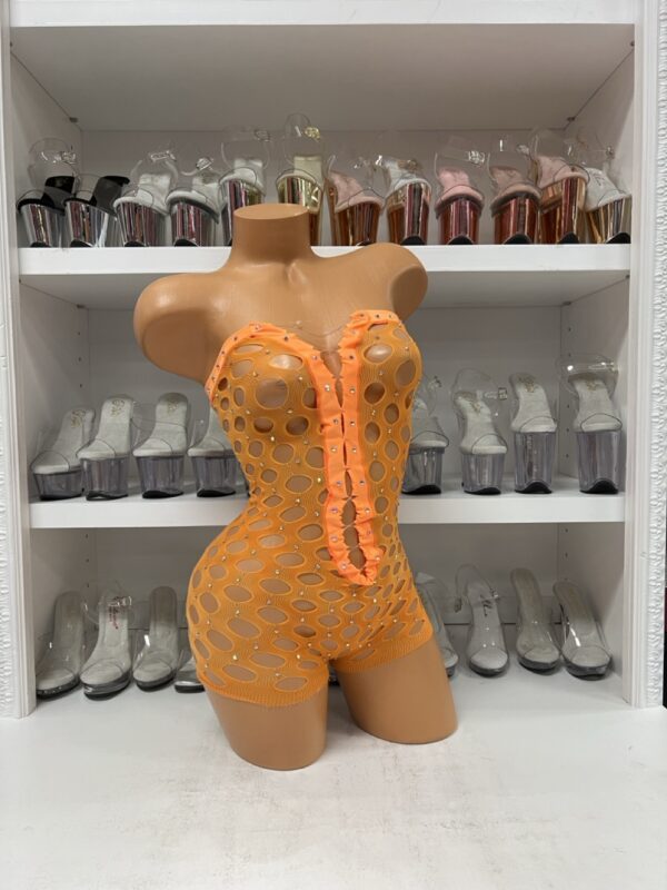 Orange Pothole Net Romper – Sheer Rhinestone One-Piece Bodystocking - Image 5