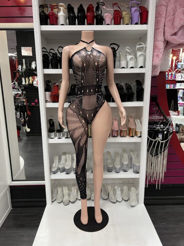 Black One-Leg Mesh Catsuit with Rhinestone Detail – Cutout Bodystocking