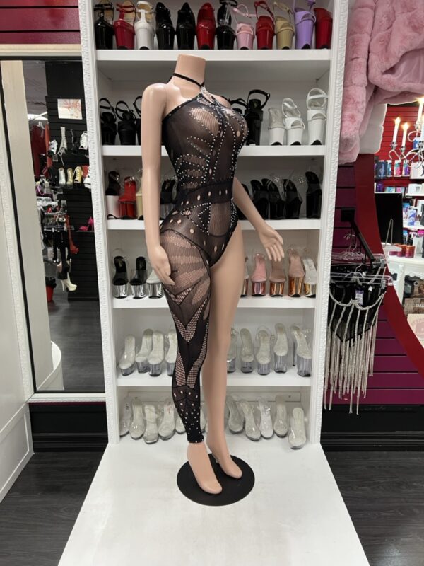 Black One-Leg Mesh Catsuit with Rhinestone Detail – Cutout Bodystocking - Image 4