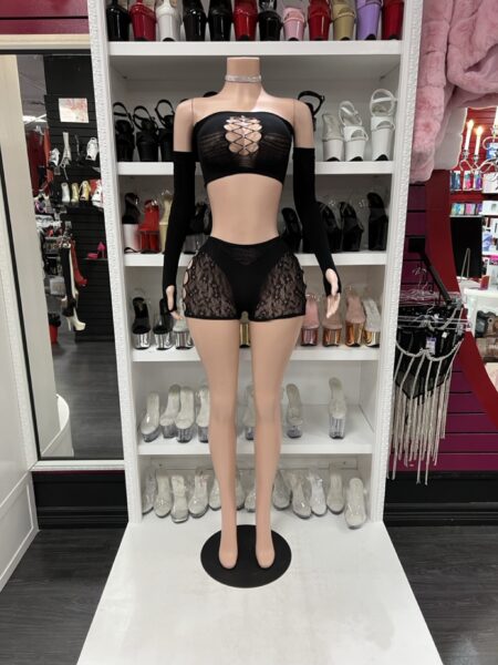 Black Lace-Up Mesh Short Set with Sleeves