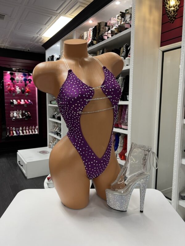 Purple Rhinestone Cutout Bodysuit
