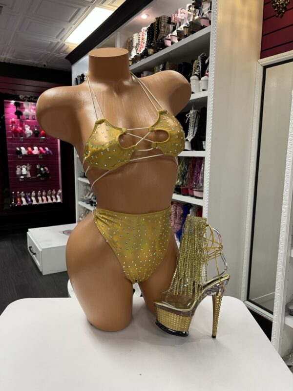 Golden Rhinestone Lace-Up Bikini Set