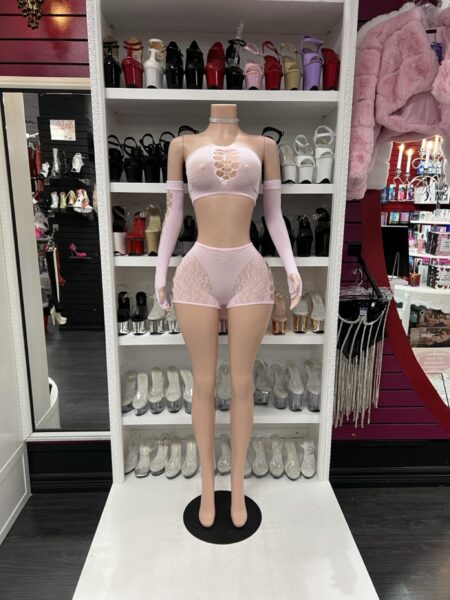 Blush Mesh 3-Piece Set with Lace Shorts & Arm Sleeves