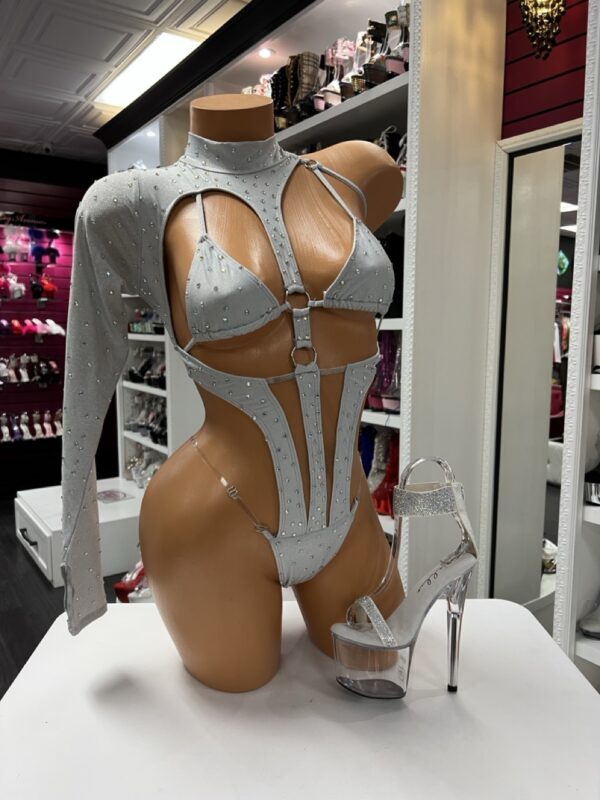 Silver Rhinestone One-Sleeve Buckle Bodysuit