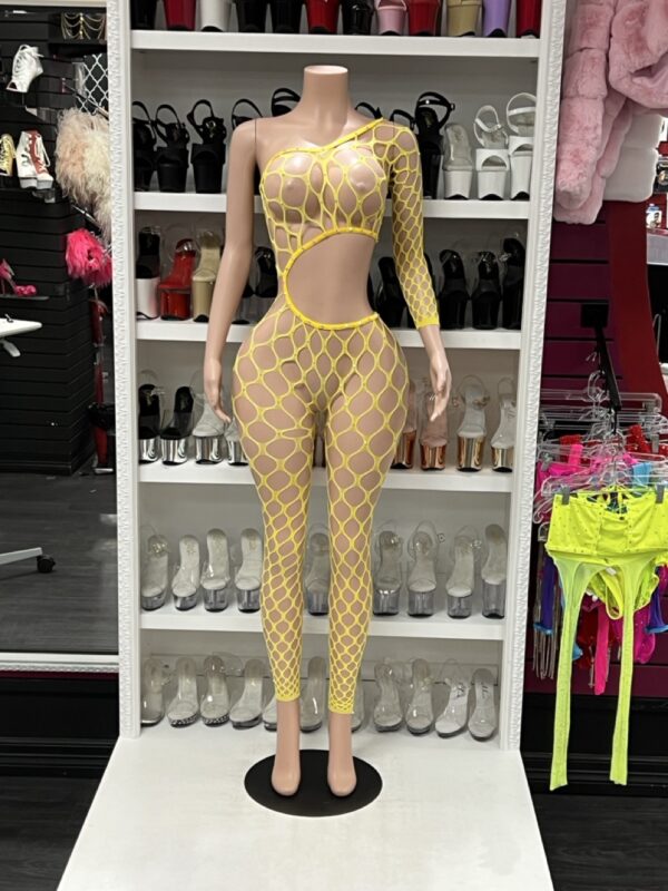 Yellow Fishnet One-Sleeve Catsuit – Cutout Mesh Bodystocking
