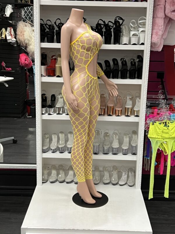 Yellow Fishnet One-Sleeve Catsuit – Cutout Mesh Bodystocking - Image 4