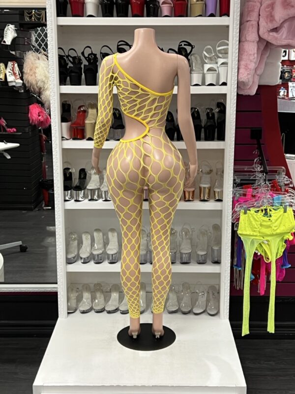 Yellow Fishnet One-Sleeve Catsuit – Cutout Mesh Bodystocking - Image 3