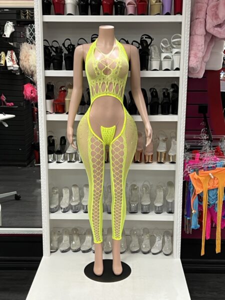 Neon Yellow Fishnet Bodystocking – Halter Cutout One-Piece