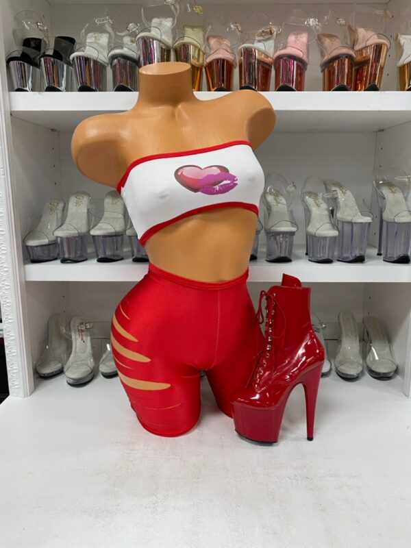 Heart Bandeau Top and Slashed Red Shorts Set
