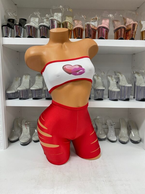 Heart Bandeau Top and Slashed Red Shorts Set - Image 3