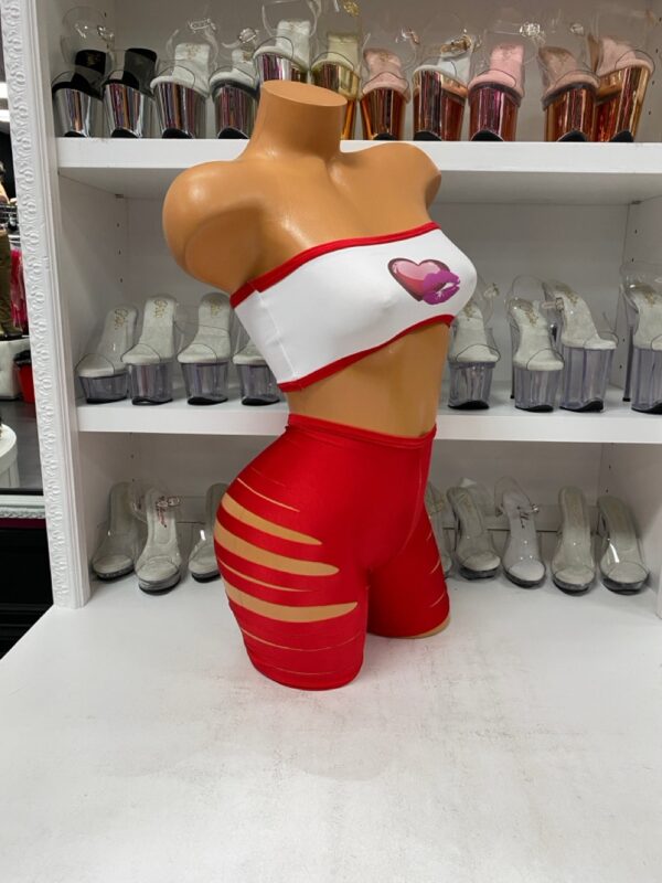 Heart Bandeau Top and Slashed Red Shorts Set - Image 4