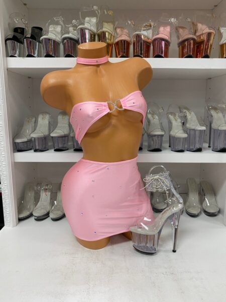 Pink Rhinestone Two-Piece Mini Skirt Set with Diamond Ring Top — Pleasure Zone Houston