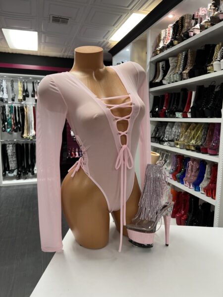 Baby pink long sleeve bodysuit with lace-up front detail