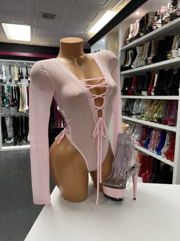 Baby pink long sleeve bodysuit with lace-up front detail