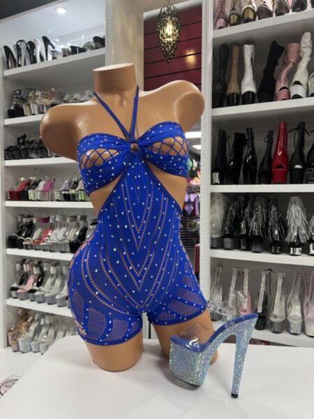 Royal blue rhinestone romper with bow tie front detail