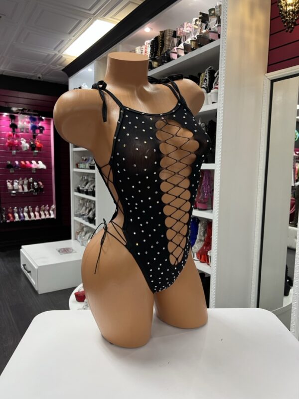 Rhinestone Lace-Up Bodysuit – Sheer Black One-Piece - Image 5