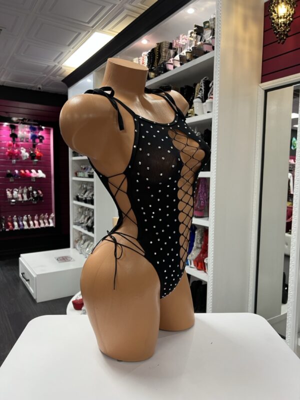 Rhinestone Lace-Up Bodysuit – Sheer Black One-Piece - Image 4