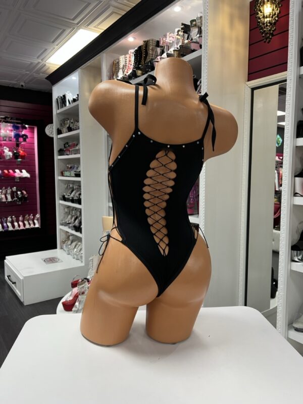 Rhinestone Lace-Up Bodysuit – Sheer Black One-Piece - Image 3