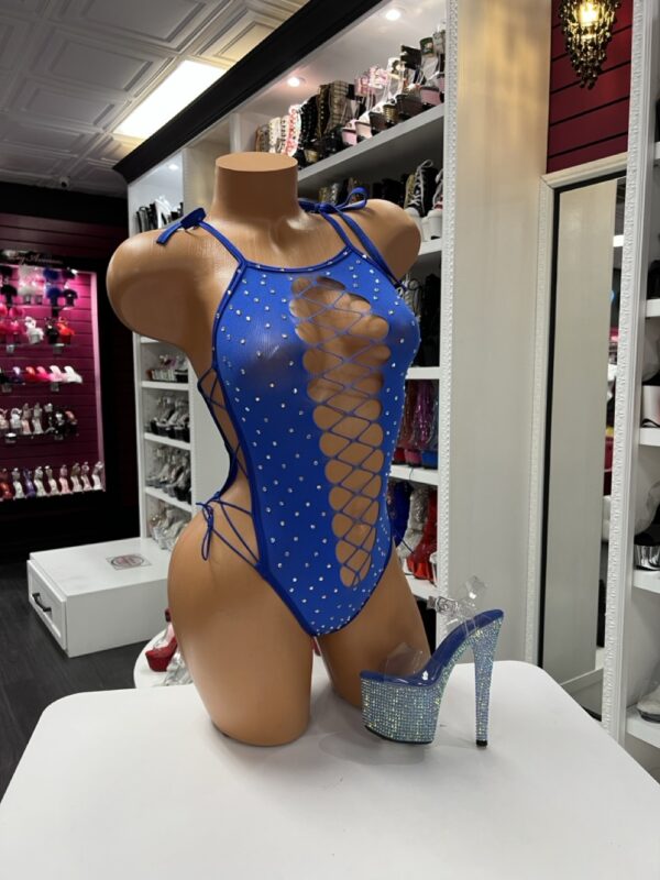 Blue Rhinestone Lace-Up Bodysuit – Sheer One-Piece
