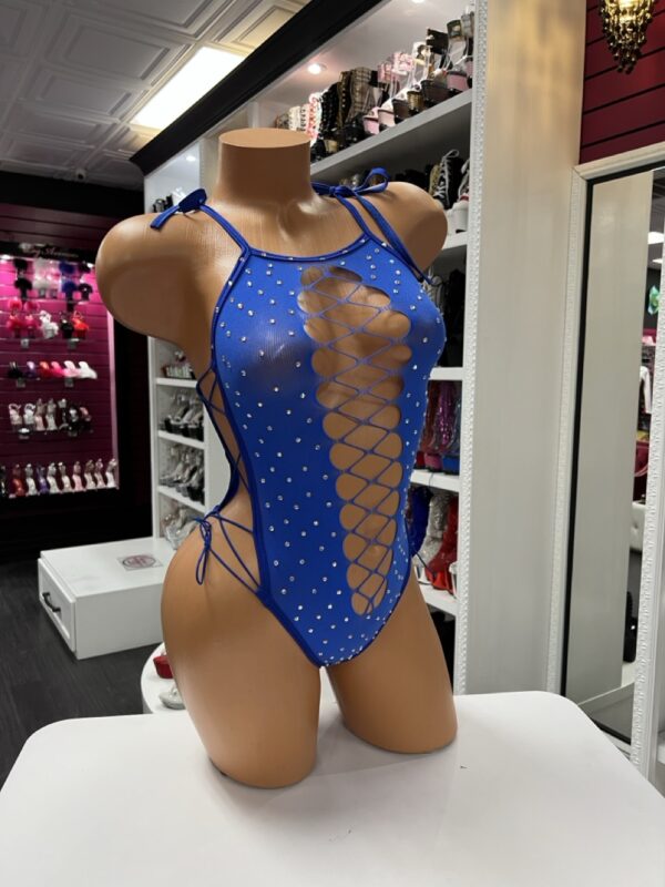 Blue Rhinestone Lace-Up Bodysuit – Sheer One-Piece - Image 5