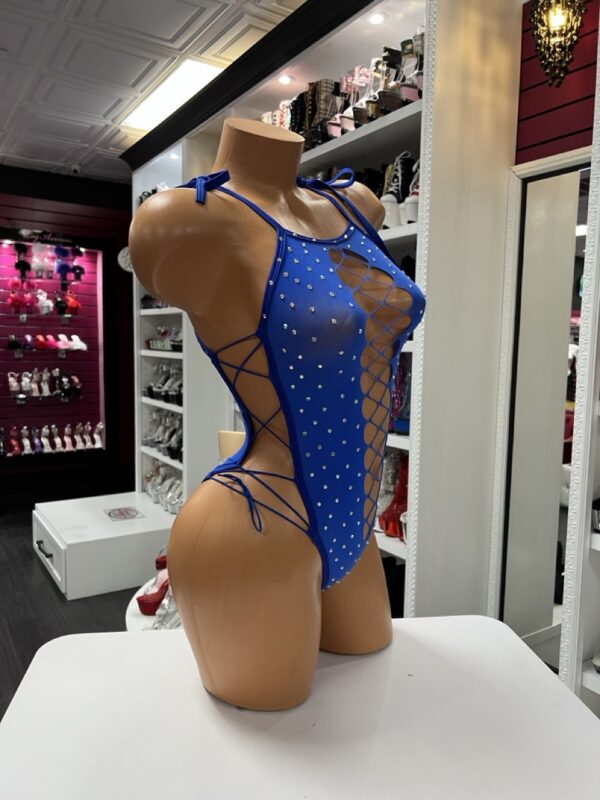 Blue Rhinestone Lace-Up Bodysuit – Sheer One-Piece - Image 4