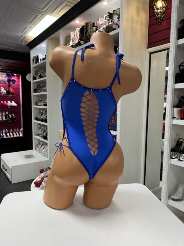 Blue Rhinestone Lace-Up Bodysuit – Sheer One-Piece - Image 3