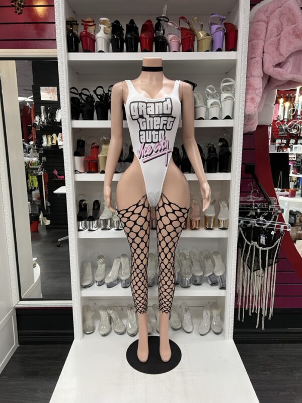 Vice City bodysuit with retro font, high-cut one-piece design, and thong back on mannequin