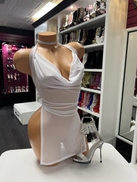 White sheer dancewear mesh mini dress with cowl neckline and high side slits on mannequin