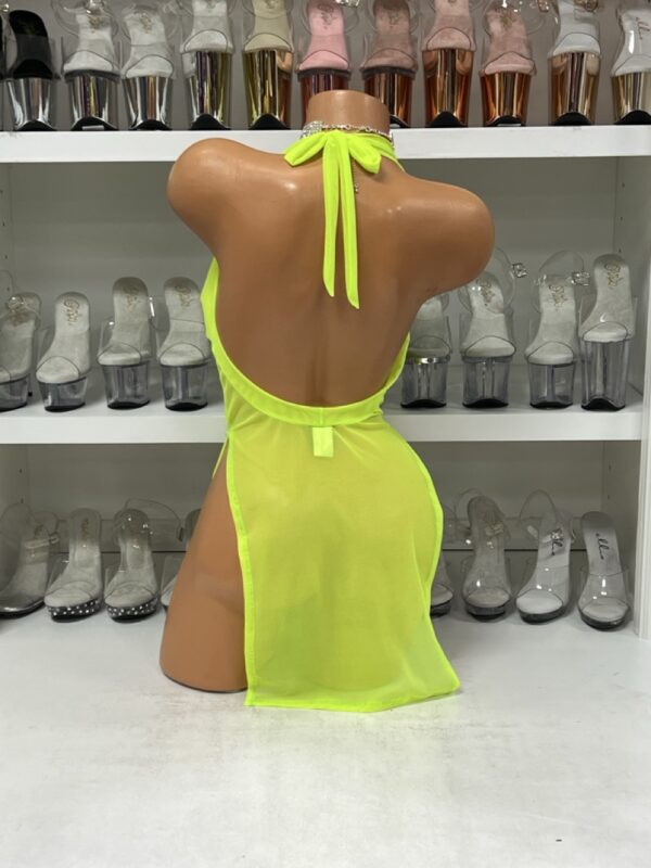 Neon Yellow Sheer Dancewear – Mesh Mini Dress with Rhinestone Straps - Image 3