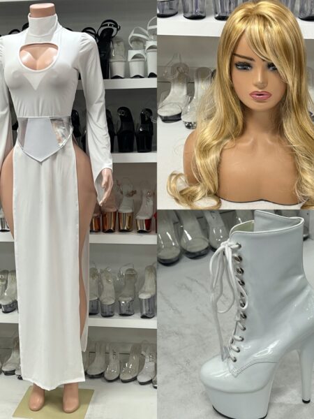 “Far Off Galaxy Heroine costume in white gown with thigh-high slit and futuristic belt by Roma”