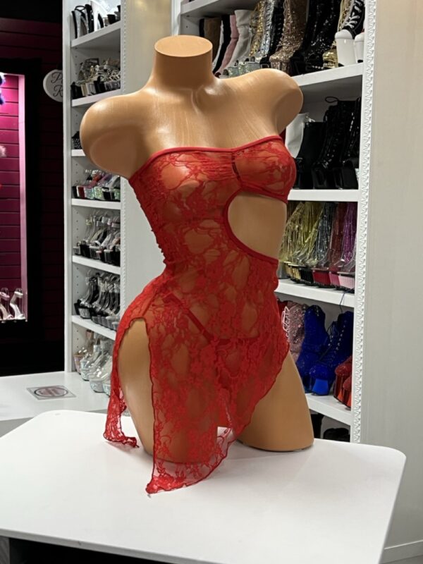 Red Lace Cutout Dress – Strapless Mesh Clubwear - Image 5