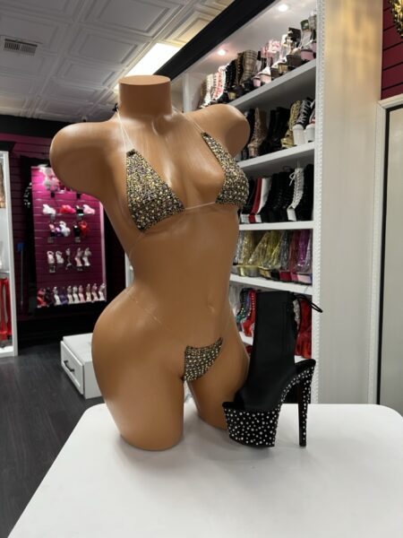 Gold rhinestone micro bikini set on mannequin with black rhinestone heels