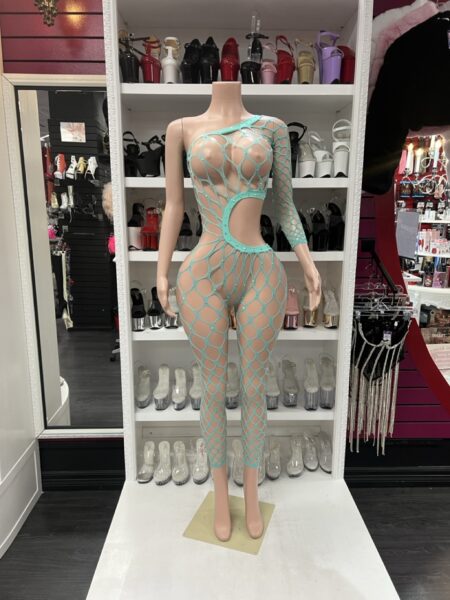 Mint green cutout fishnet jumpsuit with one sleeve and mesh design displayed on mannequin