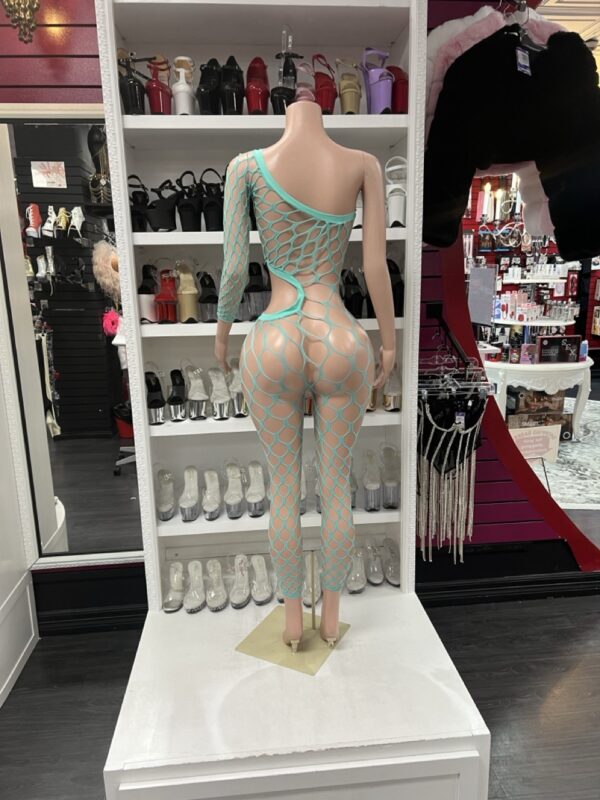 Mint Green Fishnet Jumpsuit – One Sleeve Club Bodysuit - Image 3