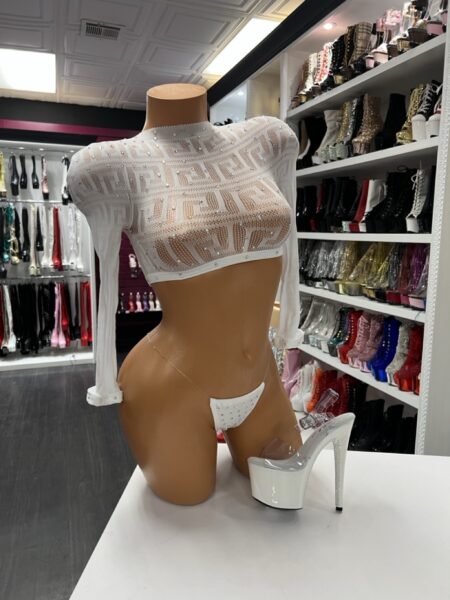 White rhinestone crop top with sheer mesh and g-string set displayed on mannequin with rhinestone heels