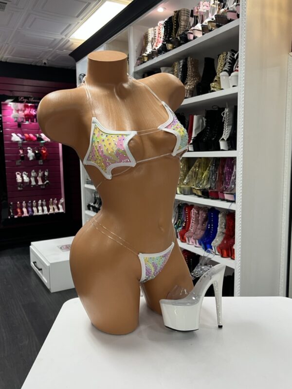 Hawaiian print rhinestone bikini set with floral pattern and clear straps