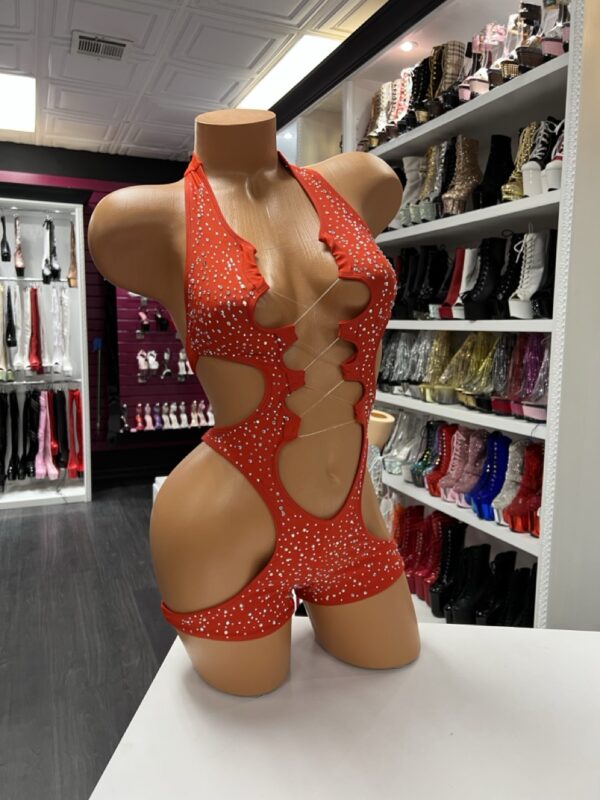 Red Rhinestone Cutout Romper – Daring Dancewear Bodysuit - Image 5