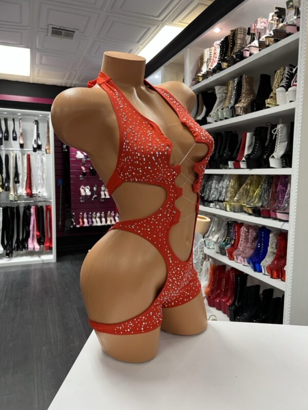 Red Rhinestone Cutout Romper – Daring Dancewear Bodysuit - Image 4