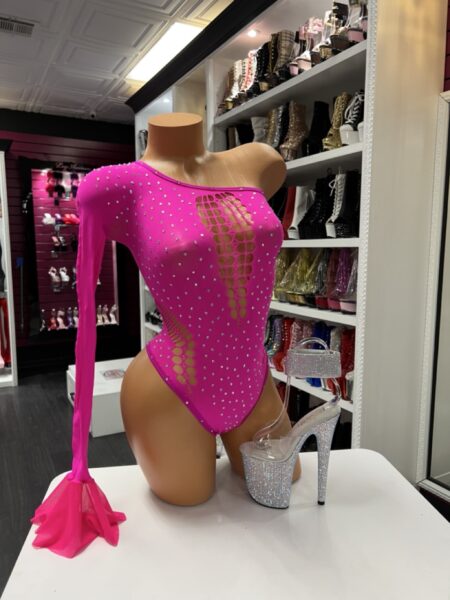 Hot pink rhinestone bodysuit with long sleeves and lattice back