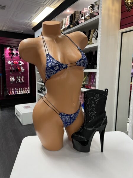Blue bandana print micro bikini with triangle top & thong bottom. Western-inspired, sexy & perfect for parties or shoots!
