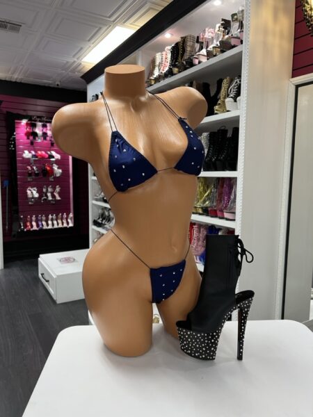 navy rhinestone micro bikini set with string ties displayed on mannequin