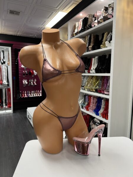metallic rose micro bikini set with string ties on mannequin